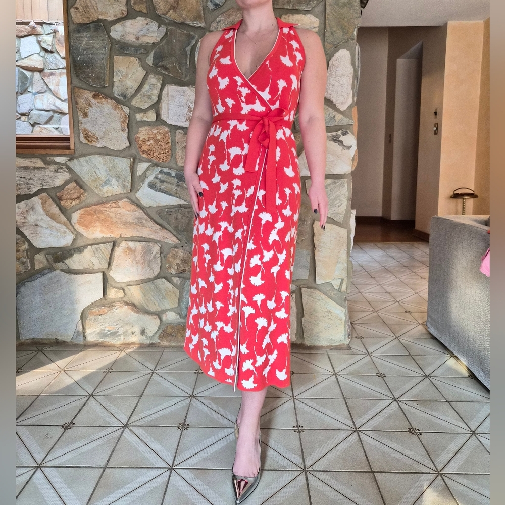 Orange And White Floral Knit Midi Wrap Dress Size XS